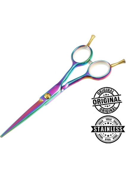 Düz Uçlu Berber Kuaför Saç Kesim Makası Çift Parmak Vidalı Ayarlanabilir Rainbow XLQ577B