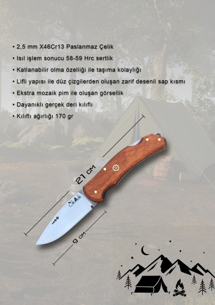 Piknik Çakısı Kamp Bıçağı Katlanabilir Çakı Outdoor Bıçak Deri Kılıf Hediyeli Sapelli Ağacı Saplı 21CM