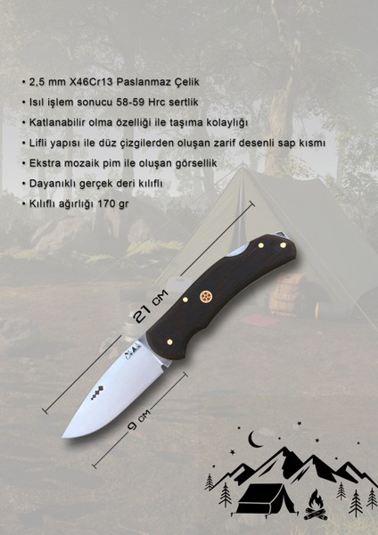 Piknik Çakısı Kamp Bıçağı Katlanabilir Çakı Outdoor Bıçak Deri Kılıf Hediyeli Venge Ağacı Saplı 21CM