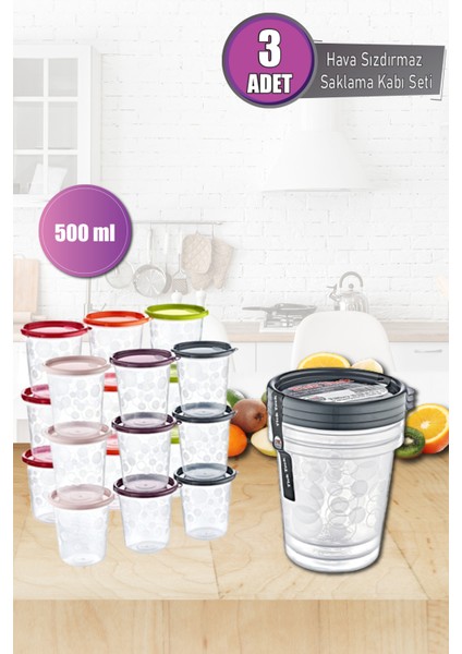 3x500 ml Sızdırmaz Hava Almaz Kapaklı Yuvarlak Erzak Saklama Kabı