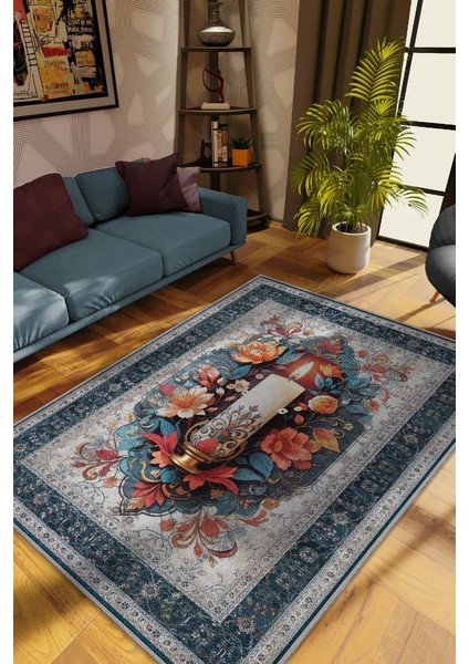Mum Temalı Halı Mavi Gri Meditasyon Halısı Çiçekli Vintage Halı Spiritüel Temalı Halısı