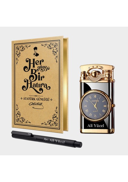 Kişiye Özel - Retro Piano Black Saatli Çakmak - Metal Roller Kalem ve Atatürk Günlüğü