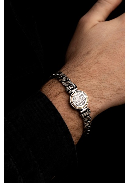 Erkek Gümüş Bileklik -Ortası Dönen Hz Süleyman Model Gurmet Zincir Gümüş Bileklik Künye