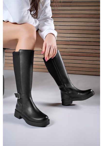 Ienweth Siyah Suni Deri Kalın Topuklu Kadın Çizme – Şık ve Rahat Tasarım, Günlük ve Şehir Kullanımına Uygun