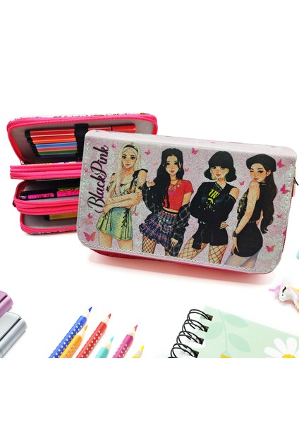 Simli Işıltılı Blackpink Kalem Kutusu Vegan Deri Kalemkutu Üç Bölmeli Kalemlik Pembe
