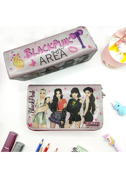 Simli Işıltılı Blackpink Kalem Kutusu Vegan Deri Kalemkutu Üç Bölmeli Kalemlik Pembe fiyatları