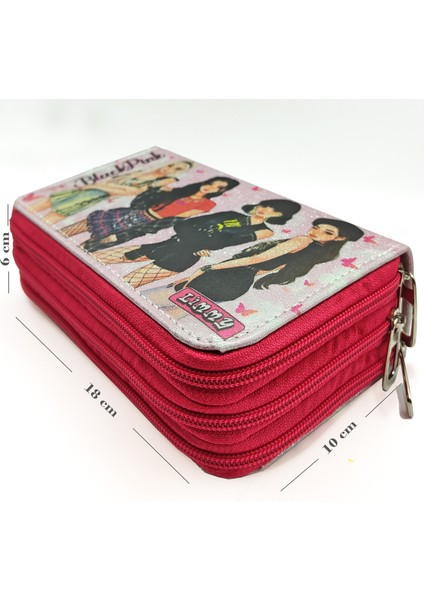 Simli Işıltılı Blackpink Kalem Kutusu Vegan Deri Kalemkutu Üç Bölmeli Kalemlik Pembe indirimleri