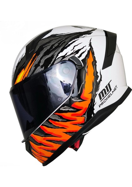 M-910 Beyaz-Siyah-Turuncu Güneş Vizörlü Kask (Siyah Camlı)