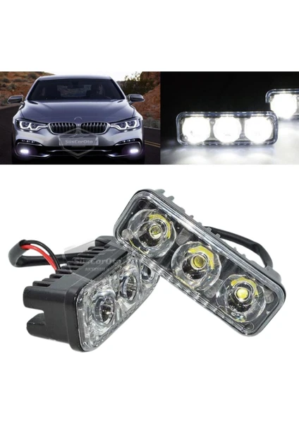 ŞüsCarOto Aksesuar Drl 3 LED Mercekli Araba Gündüz Farı Araç Motosiklet Gündüz Ledi Oto Drl LED Lamba Güçlü Işık 12V Su Geçirmez Metal Beyaz 2 Adet