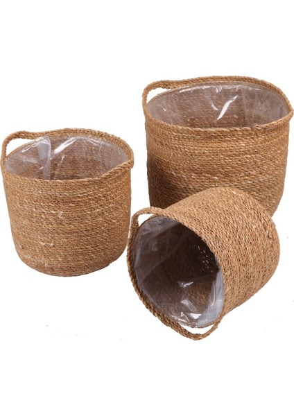 Dekoratif Yuvarlak Kulplu Sepet Saksılık 3lü Set indirimleri