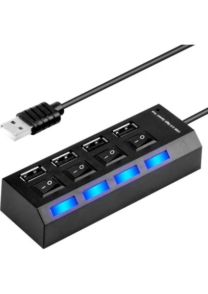 4 Port USB Hub Çoklayıcı Çoğaltıcı 4 Lü Usp Pc Kablosu Ledli Işıklı Anahtarlı 2.0