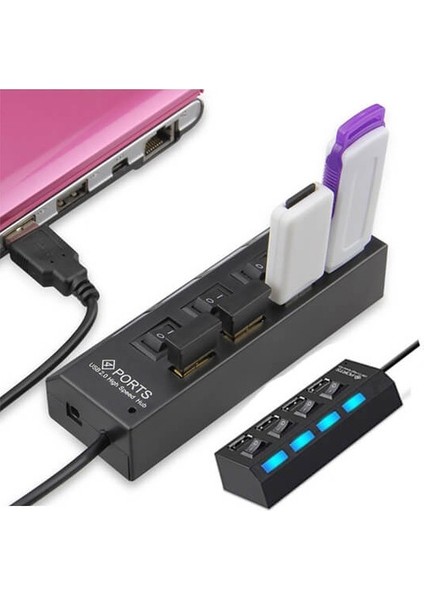 4 Port USB Hub Çoklayıcı Çoğaltıcı 4 Lü Usp Pc Kablosu Ledli Işıklı Anahtarlı 2.0