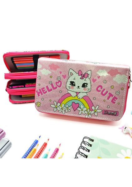Simli Işıltılı Kitty Hello Cute Kalem Kutusu Vegan Deri Kalemkutu Üç Bölmeli Kalemlik Pembe