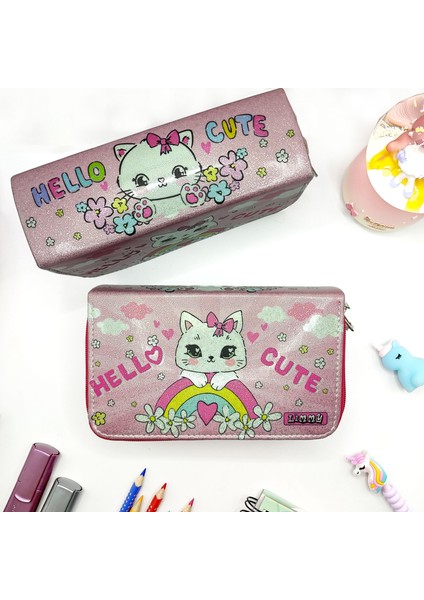 Simli Işıltılı Kitty Hello Cute Kalem Kutusu Vegan Deri Kalemkutu Üç Bölmeli Kalemlik Pembe fiyatları