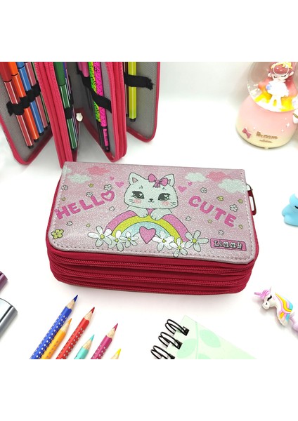 Simli Işıltılı Kitty Hello Cute Kalem Kutusu Vegan Deri Kalemkutu Üç Bölmeli Kalemlik Pembe fırsatları