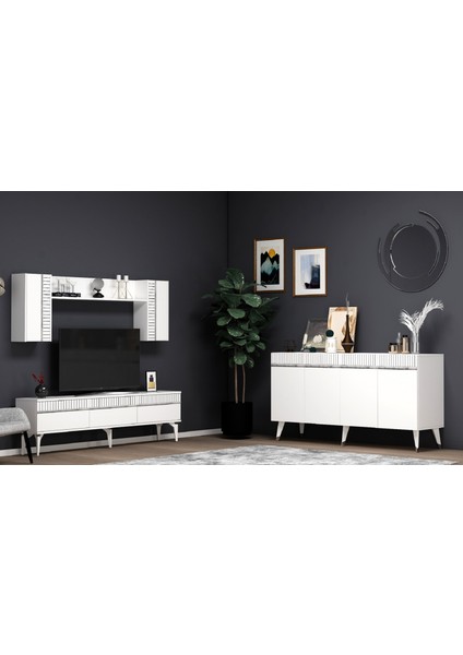 Defne Tv Ünitesi ve Konsol 2'li Salon Takımı Beyaz-Gümüş