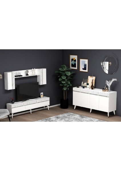 Defne Tv Ünitesi ve Konsol 2'li Salon Takımı Beyaz-Gümüş fiyatları