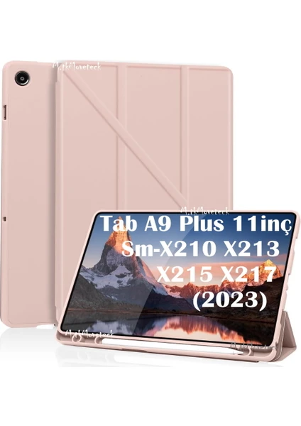 M.tk moveteck Samsung Galaxy Tab A9 Plus 11 Inç Kılıf Kalem Bölmeli Yumuşak Silikon Kapak Akıllı Uyku Modlu Üçgen Standlı SM-X210 X213 X215 X217 Tablet Kılıfı 360 Tam Kaplar