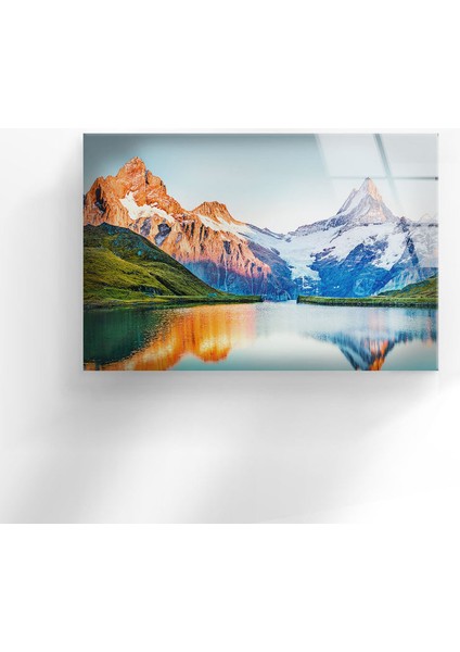 Dağ Göl Manzaralı Sanat Temperli Cam Duvar Tablosu fiyatları