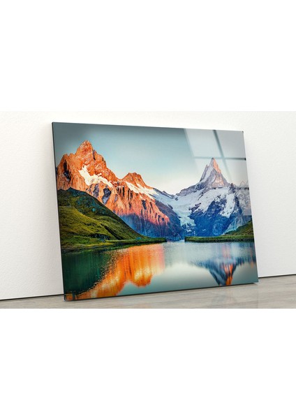 Dağ Göl Manzaralı Sanat Temperli Cam Duvar Tablosu modelleri