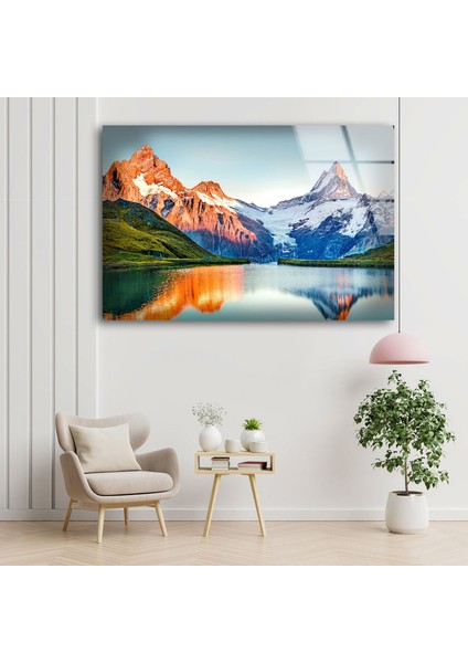 Dağ Göl Manzaralı Sanat Temperli Cam Duvar Tablosu fırsatları
