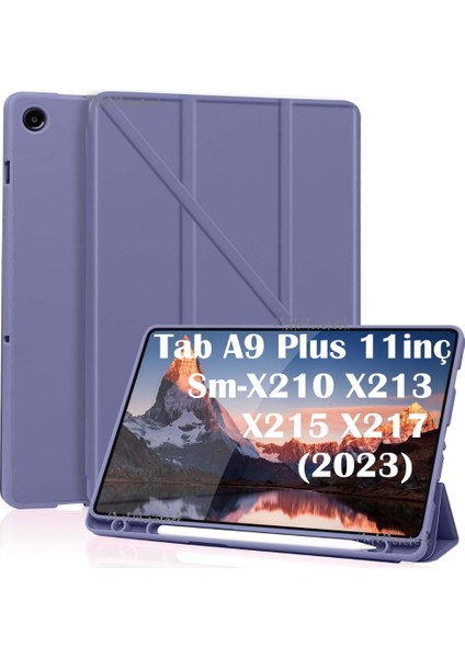 Samsung Galaxy Tab A9 Plus 11 Inç Kılıf Kalem Bölmeli Yumuşak Silikon Kapak Akıllı Uyku Modlu Üçgen Standlı SM-X210 X213 X215 X217 Tablet Kılıfı 360 Tam Kaplar