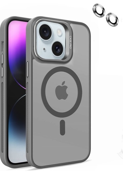 Apple iPhone 14 Kılıf Magsafeli Standlı Sert Mika + Lens Koruyucu + Nano Gri