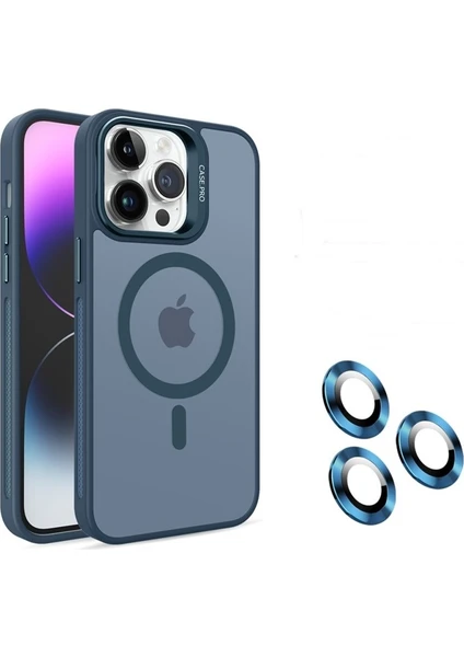 Case Street Apple iPhone 15 Pro Max Kılıf Magsafeli Standlı Sert Mika + Lens Koruyucu Lacivert