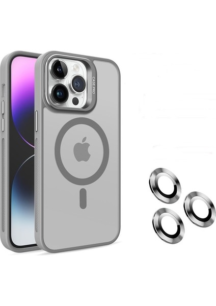 Apple iPhone 14 Pro Max Kılıf Magsafeli Standlı Sert Mika + Lens Koruyucu Gri