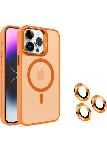 Case Street Apple iPhone 15 Pro Max Kılıf Magsafeli Standlı Sert Mika + Lens Koruyucu Turuncu