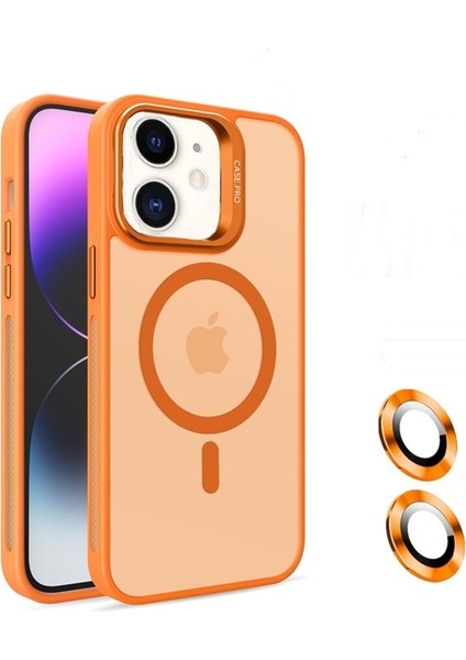 Apple iPhone 11 Kılıf Magsafeli Standlı Sert Mika + Lens Koruyucu + Nano Turuncu
