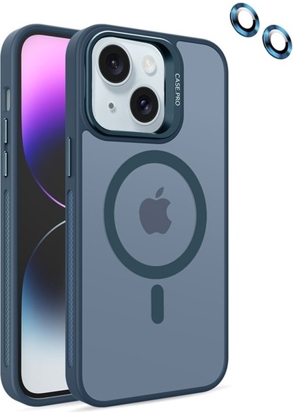 Apple iPhone 15 Plus Kılıf Magsafeli Standlı Sert Mika + Lens Koruyucu + Nano Lacivert