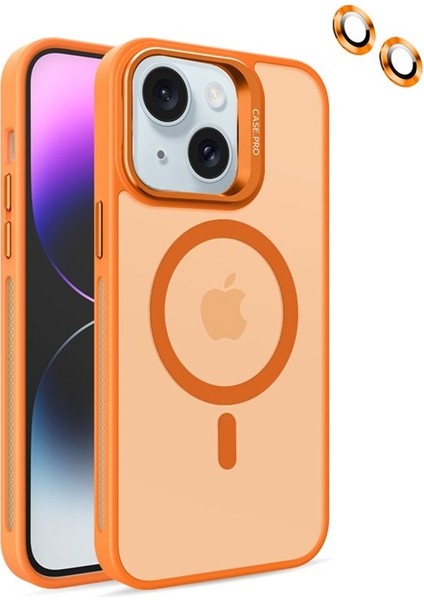 Apple iPhone 15 Plus Kılıf Magsafeli Standlı Sert Mika + Lens Koruyucu Turuncu