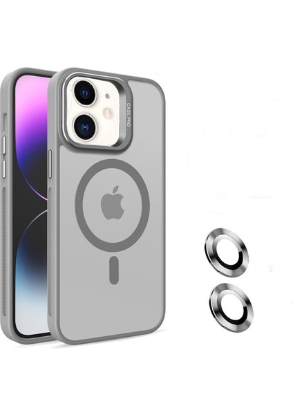 Apple iPhone 11 Kılıf Magsafeli Standlı Sert Mika + Lens Koruyucu Gri