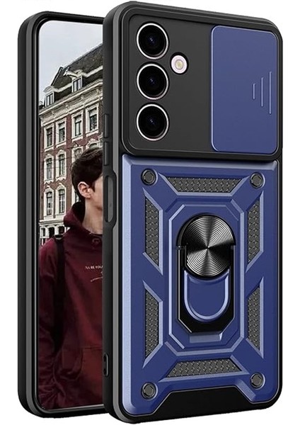 Samsung Galaxy A15 Kılıf Sert Silikon Tank Aramid Sürgülü Vega Yüzüklü Lacivert