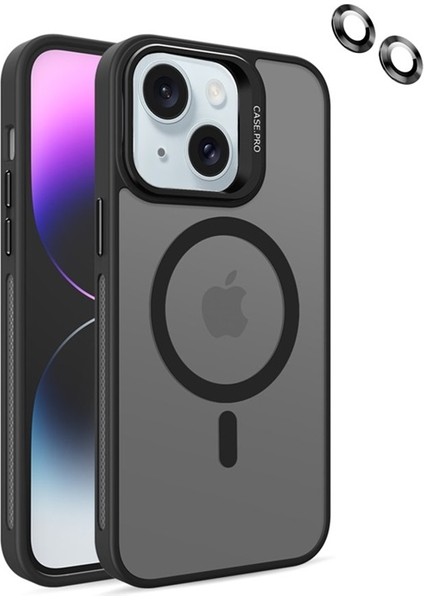 Apple iPhone 15 Plus Kılıf Magsafeli Standlı Sert Mika + Lens Koruyucu Siyah