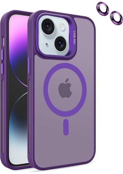 Apple iPhone 14 Kılıf Magsafeli Standlı Sert Mika + Lens Koruyucu + Nano Derin Mor