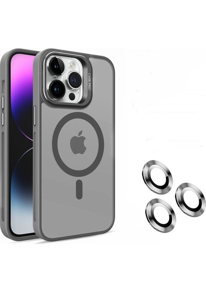 Apple iPhone 15 Pro Max Kılıf Magsafeli Standlı Sert Mika + Lens Koruyucu Gri