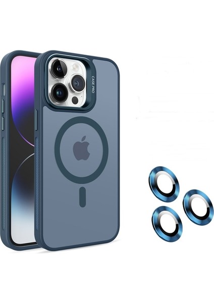 Apple iPhone 15 Pro Kılıf Magsafeli Standlı Sert Mika + Lens Koruyucu + Nano Lacivert