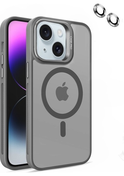 Apple iPhone 15 Kılıf Magsafeli Standlı Sert Mika + Lens Koruyucu Gri