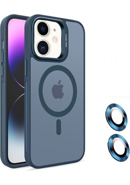 Apple iPhone 11 Kılıf Magsafeli Standlı Sert Mika + Lens Koruyucu Lacivert