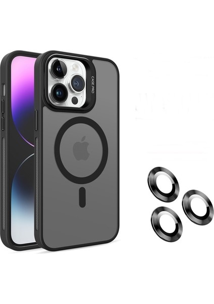 Apple iPhone 15 Pro Kılıf Magsafeli Standlı Sert Mika + Lens Koruyucu Siyah