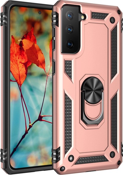 Samsung Galaxy S21 Kılıf Sofya Yüzüklü Silikon Kapak - Rose 300099