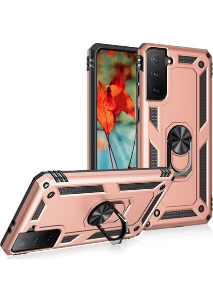 Samsung Galaxy S21 Kılıf Sofya Yüzüklü Silikon Kapak - Rose 300099