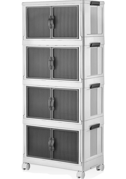 4 Katlı Dolap Saklama Kutusu Sepet Organizer Kapaklı Depolama Düzenleyici Kutu Tekerlekli Beyaz