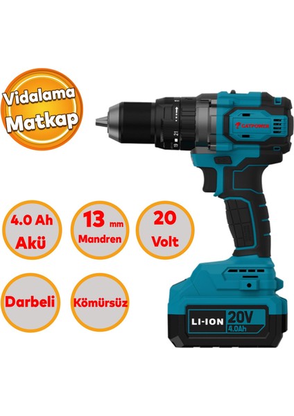 Tek Akülü 4.0 Ah Li-Ion Batarya 20 Volt Çift Vitesli 2.0 Ah Darbeli Vidalama Kömürsüz 13 mm Mandren