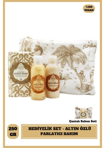 Seyehat Seti Luxury Gold Sabun Duş Jeli ve Vücut Kremi 3'ü Bir Arada Vegan Bakım 250 g