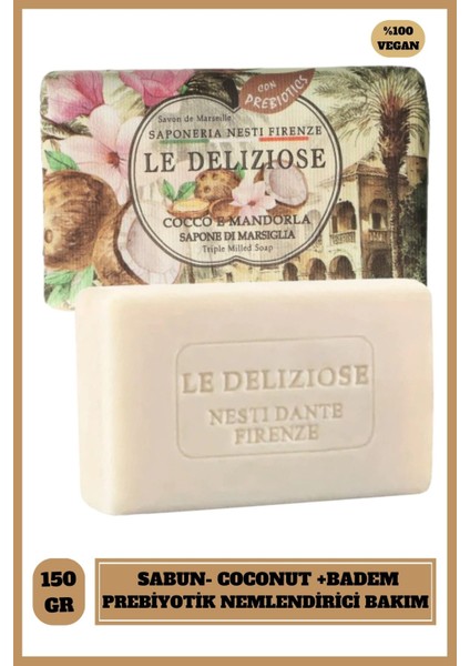 Le Deliziose Cocco E Mandorla Katı Sabun 150g |Nemlendirici, Prebiyotik |Coconut, Badem