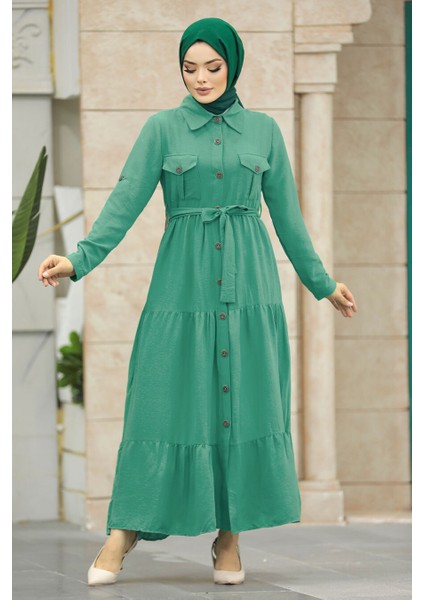 Düğmeli Mint Tesettür Elbise 40971MINT