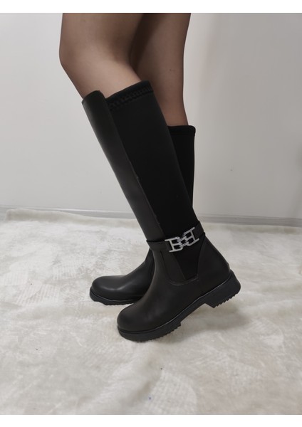Tide Deri Arkası Streçli Kadın Düz Çizme (Byz Ç1) - Siyah - 40